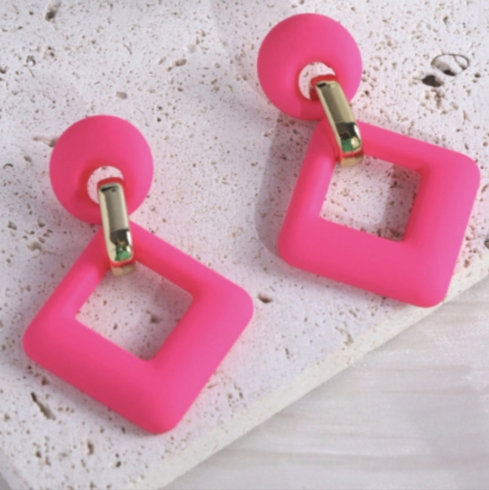 Rectangle Earrings 1980s Style Geometric Orange Barbie Pink Earring 80s Jewelry